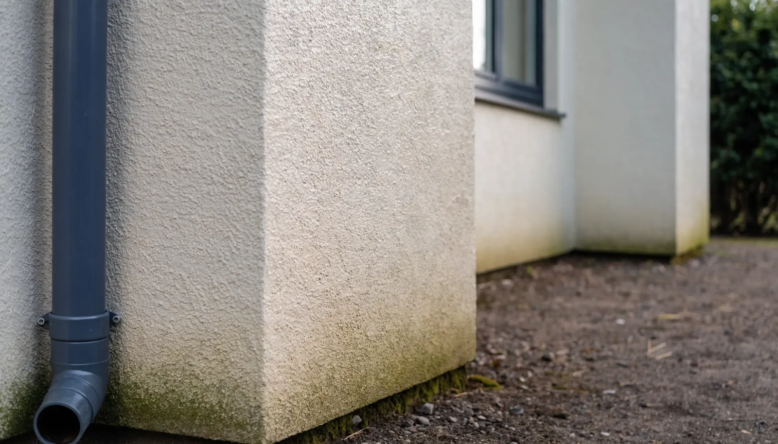 A cream silicone rendered wall with green algae staining near the base
